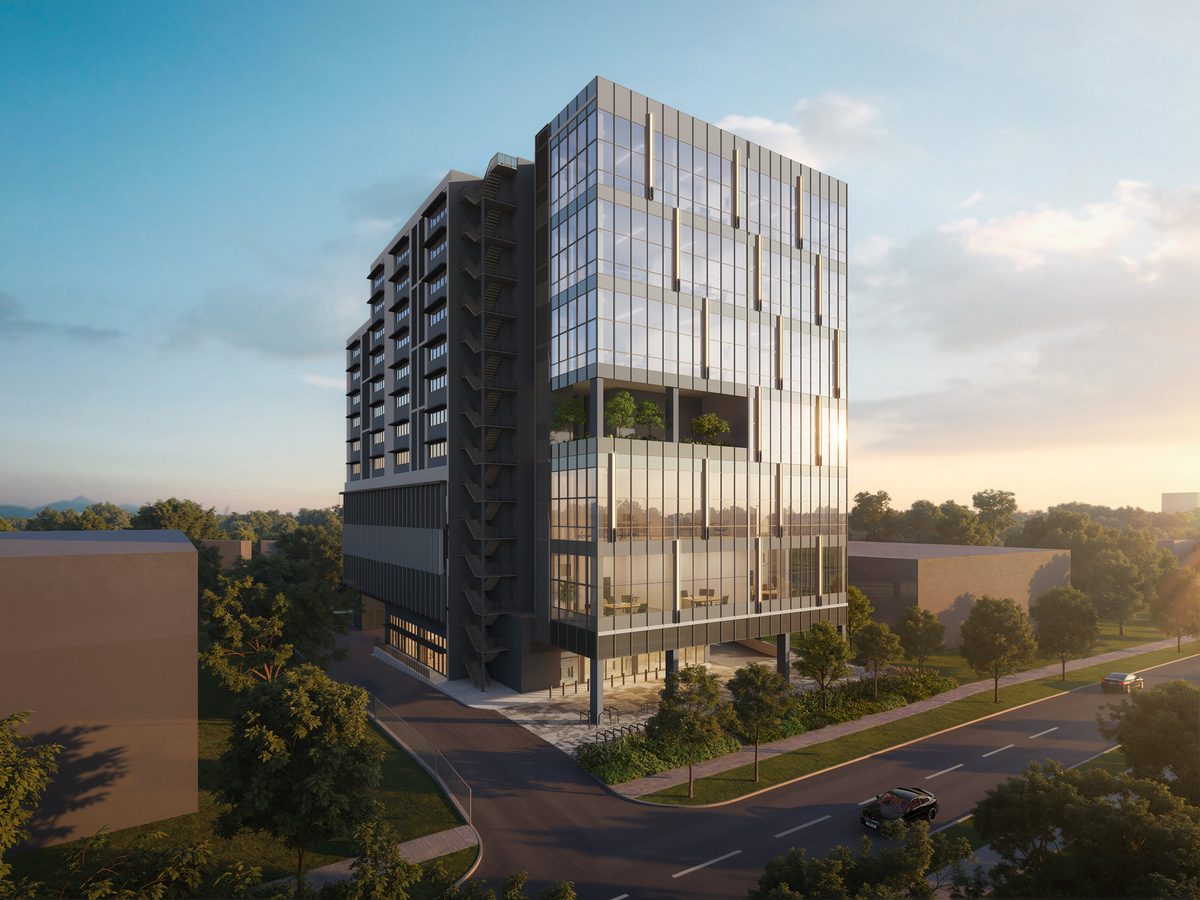 Space Nova freehold B1 industrial development at 21 New Industrial Road, Singapore — sunset side view of the glass tower with landscaped frontage